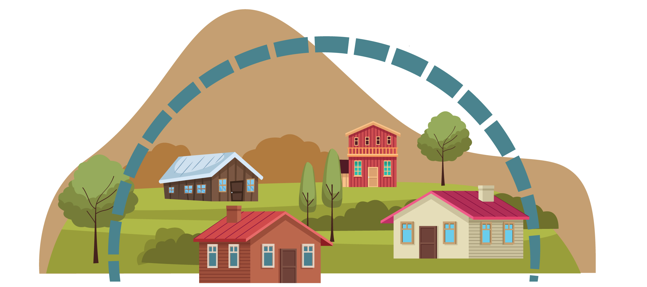 Illustration of Homes with Trees and Mountains Under a Dashed Line