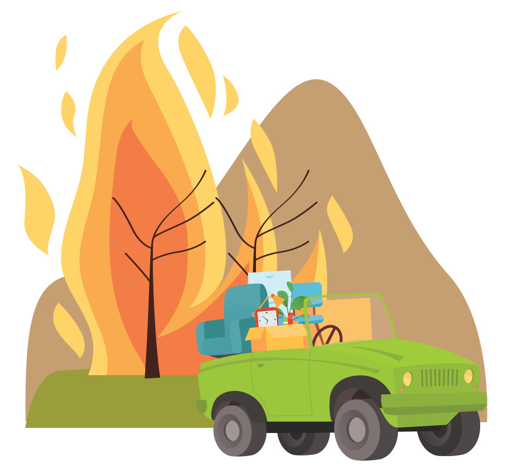 Illustration of Trees on Fire and Car Packed with Household Items Driving Away