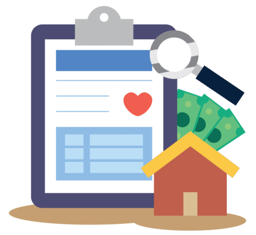 Illustration of Clipboard with House, Magnifying Glass and Money