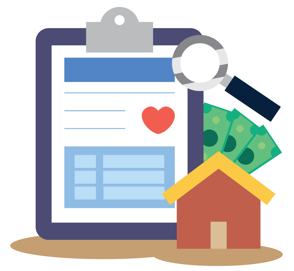Illustration of Clipboard with House, Magnifying Glass and Money