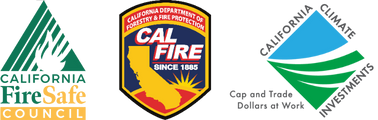 Logos for the California Fire Safe Council, California Department of Forestry and Fire Protection, and the California Climate Investments Program