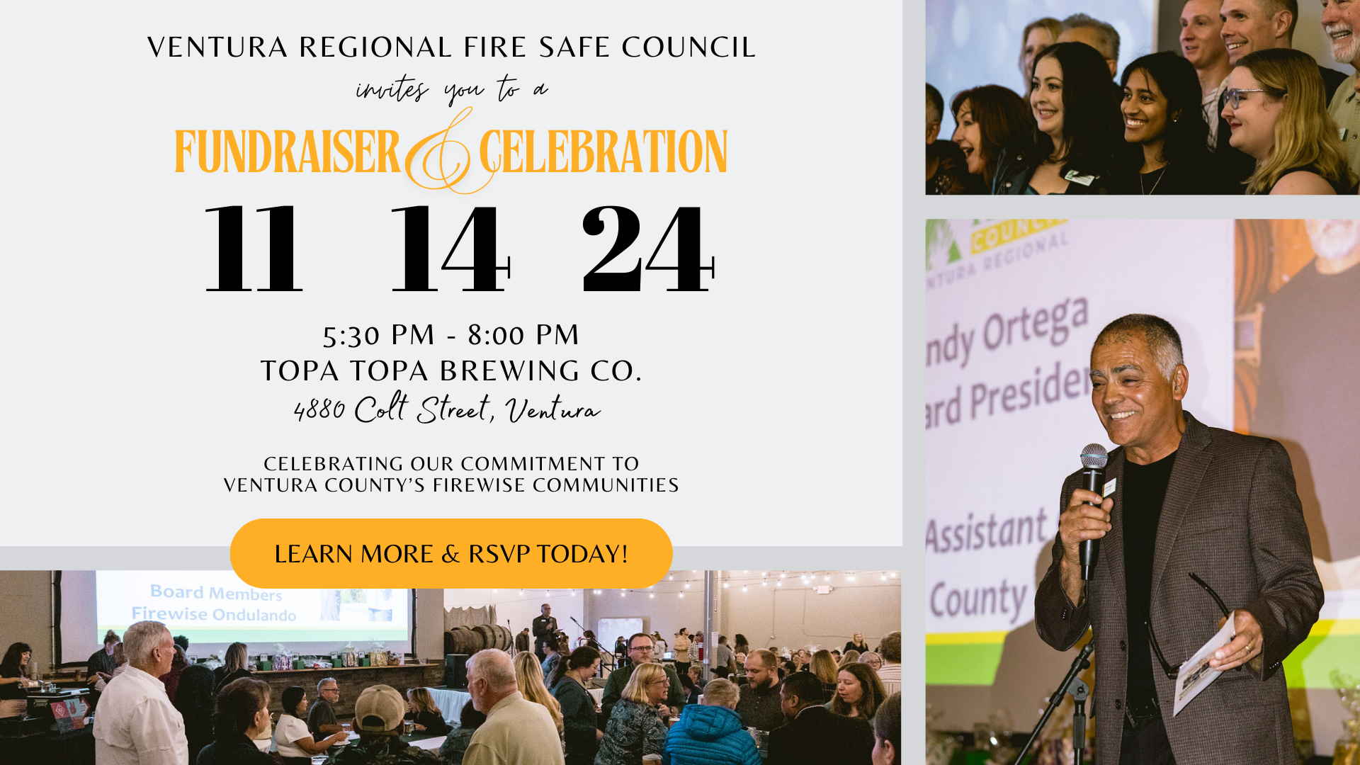 An invitation to attend the annual fundraiser for the Ventura Regional Fire Safe Council. Photos include people from past events enjoying their time at the fundraiser.