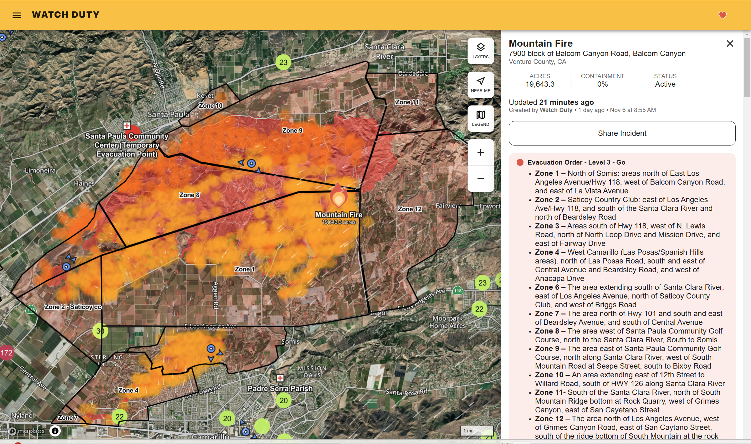 Live Incident Dashboard of Mountain Fire on the Watch Duty App